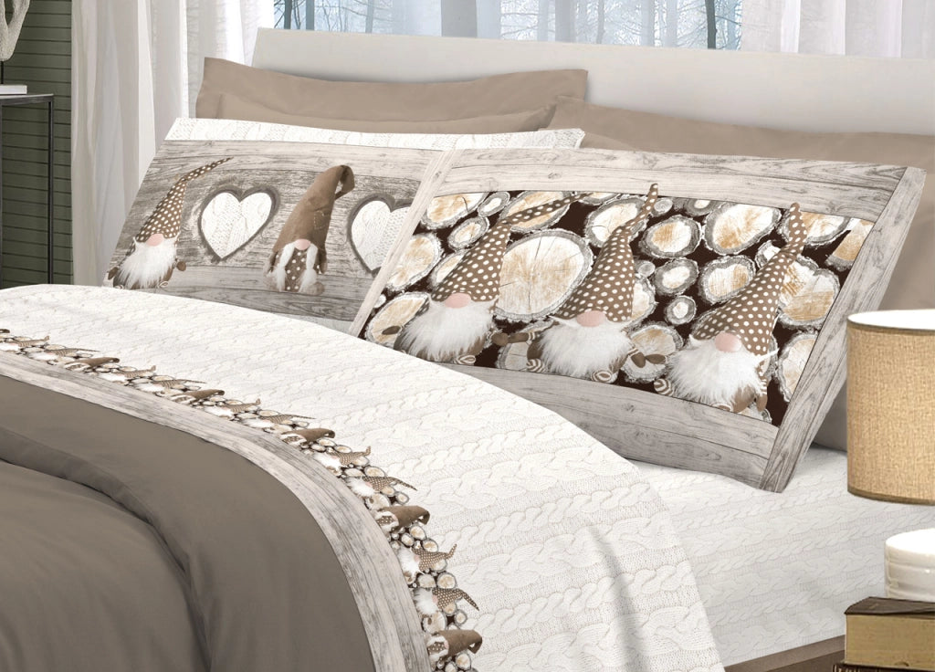 Completo Lenzuola In Morbida Flanella Disegno Gnomi Colore Beige - Matrimoniale - Beige