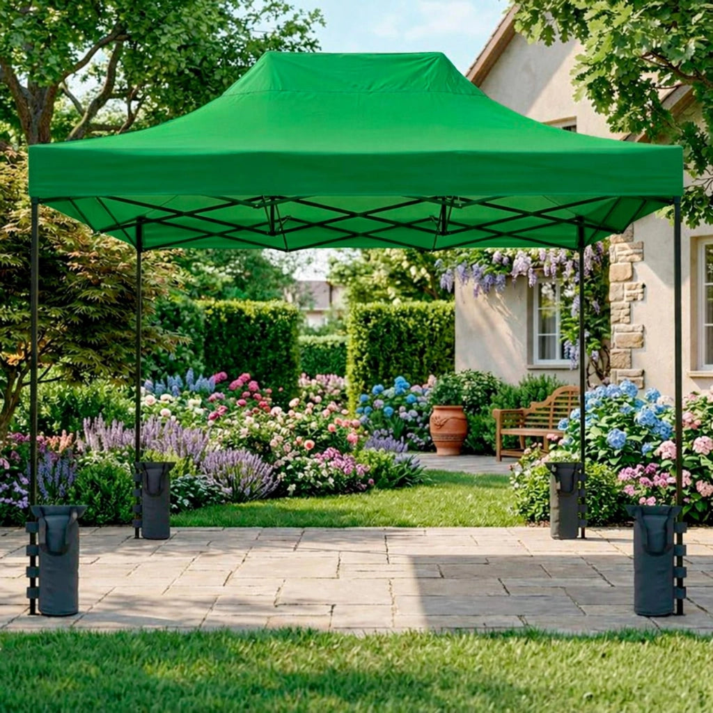 Gazebo Professionale In Acciaio Richiudibile Automatico Con Telo Oxford 1200D PVC Impermeabile E Anti UV Struttura A Fisarmonica Completo Di Sacche Zavorra E Borsa Trasporto Per Sagre Feste Eventi 3x4.5 M Verde
