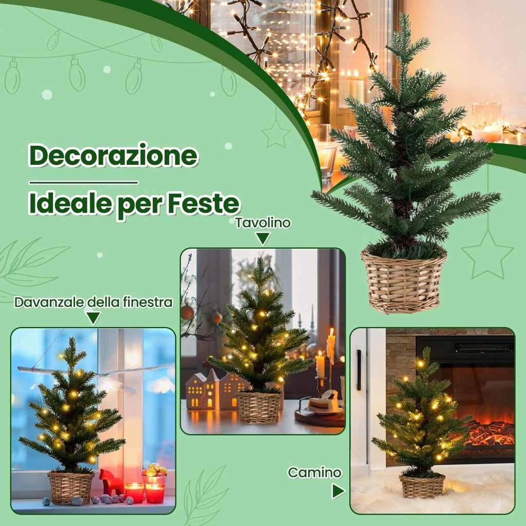 Mini Albero di Natale Artificiale Pre-illuminato, Albero di Natale Piccolo da Tavolo con 96 Rametti, 20 Luci LED Bianche Calde, Timer, Vaso in Legno di Salice