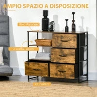 Cassettiera in Stile Industriale con 4 Cassetti in Tessuto Pieghevole e 2 Ripiani Aperti, 84x30x71.5 cm, Marrone