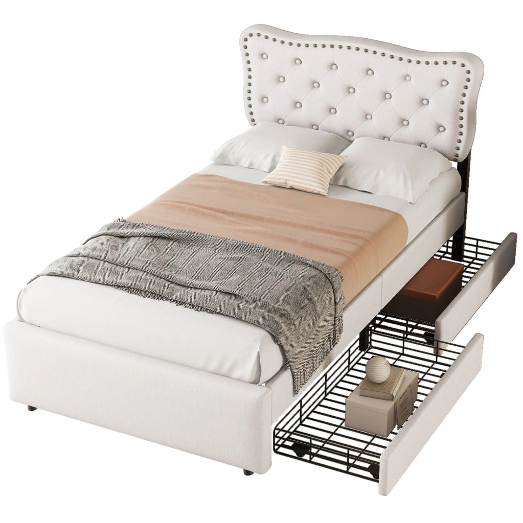 Letto imbottito 90x200 cm con 2 cassetti e testiera regolabile; MDF e lino; beige chiaro