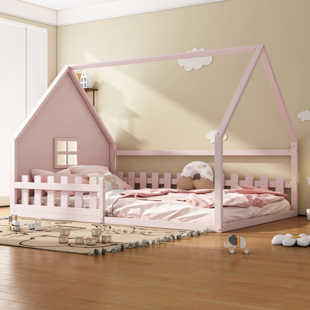 Letto Casetta 140×200 cm; Letto Singolo 2 Posti con Sponda; senza Materasso; in Pino e MDF; Rosa