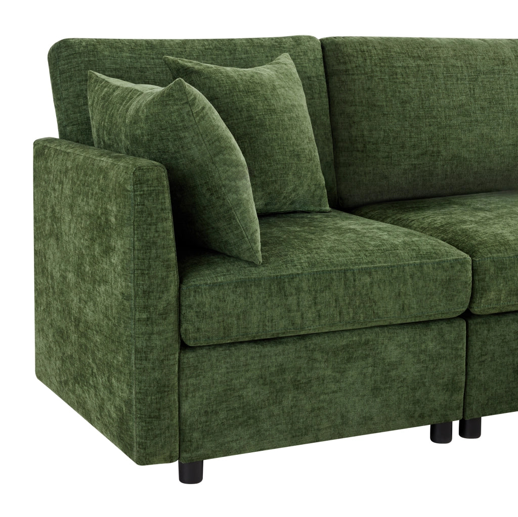 Sofa modulare angolare 216x161x81 cm in chenille verde; con pouf mobile e 4 cuscini