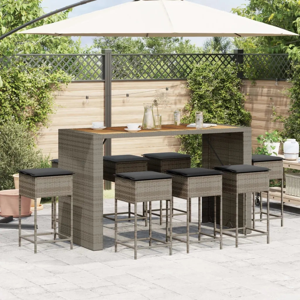 vidaXL Set Bar da Giardino 9 pz con Cuscini in Polyrattan Grigio