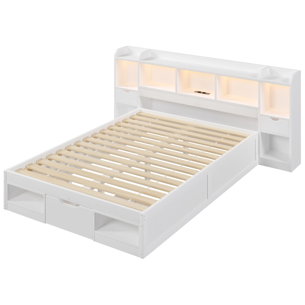 Struttura letto 140x200 con contenitore; LED a sette colori e USB; bianca