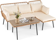 Set di 3 Pezzi Mobili da Giardino, 2 Divani in PE Rattan con Cuscini Imbottiti, Tavolino da Caffè Rotondo con Piano in Vetro Temperato, Facile da Pulire, per Cortile, Terrazza e Balcone