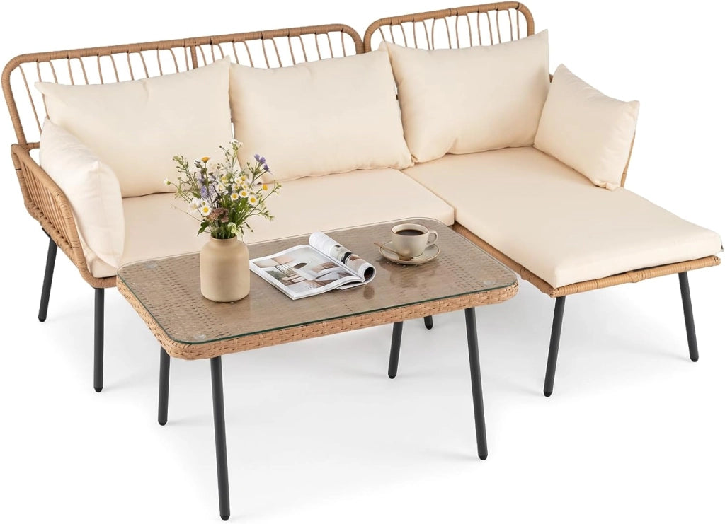 Set di 3 Pezzi Mobili da Giardino, 2 Divani in PE Rattan con Cuscini Imbottiti, Tavolino da Caffè Rotondo con Piano in Vetro Temperato, Facile da Pulire, per Cortile, Terrazza e Balcone