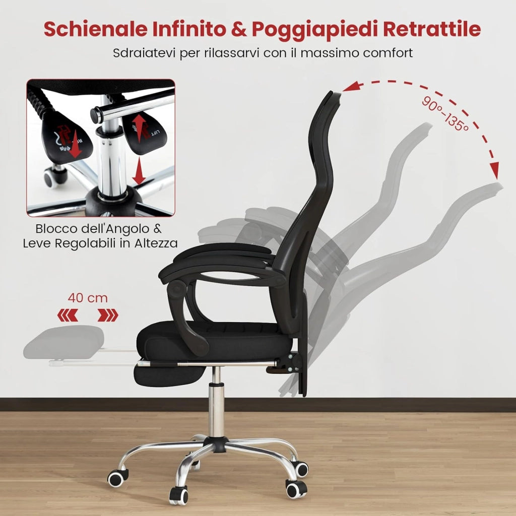 Sedia da Ufficio Ergonomica in Rete con Poggiapiedi, Poggiatesta e Braccioli Confortevoli, Poltrona con Schienale Inclinabile e Altezza Regolabile, Sedia Girevole, Portata 135 kg