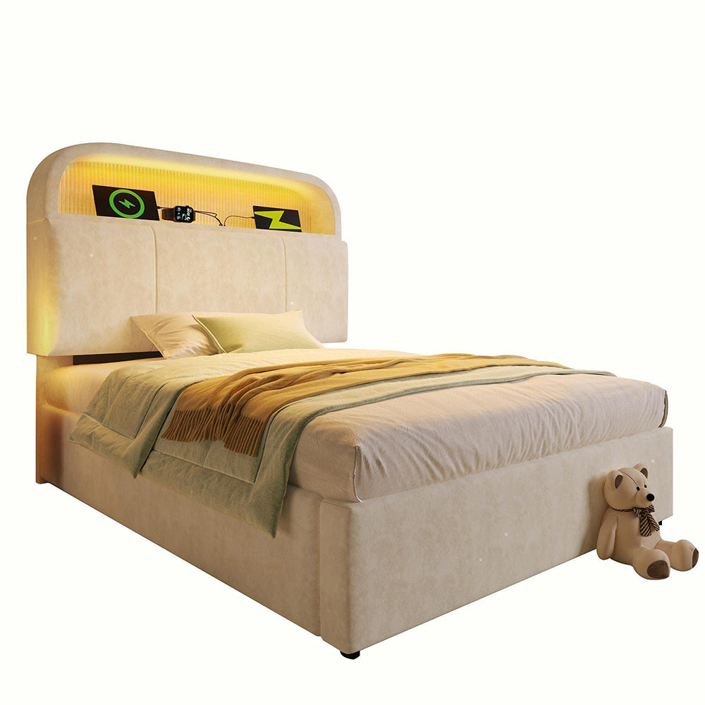 Letto 90x200cm?- Xylo - idraulico LED USB velluto beige
