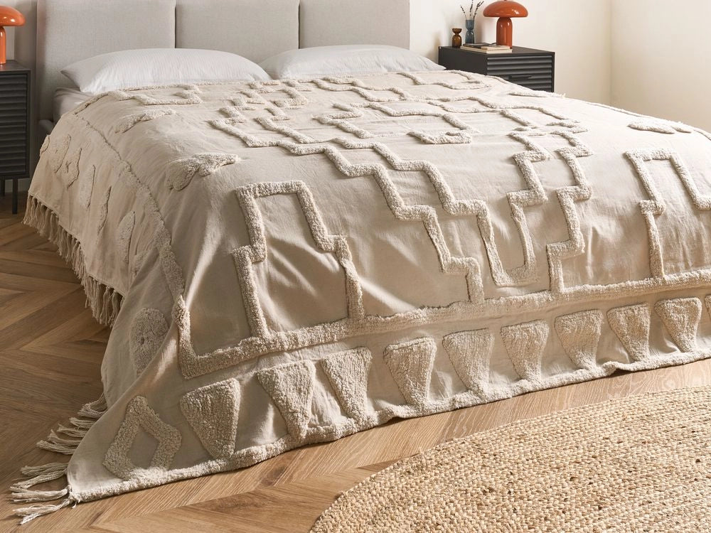 Coperta Beige Cotone 220 x 240 cm Grande Coperta Letto Lancio Ciuffo Stile Boho