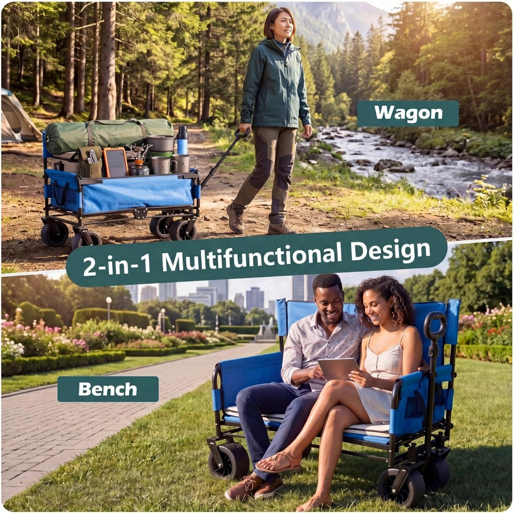 2 in 1 Carrello Spiaggia con Seduta, Carretto Pieghevole con Ruote Grandi e Cuscini Morbidi, Carrello da Campeggio, Giardino e Pesca, in Acciao Resistente, Chiusura Rapida, 80 KG, 85L (Blu)
