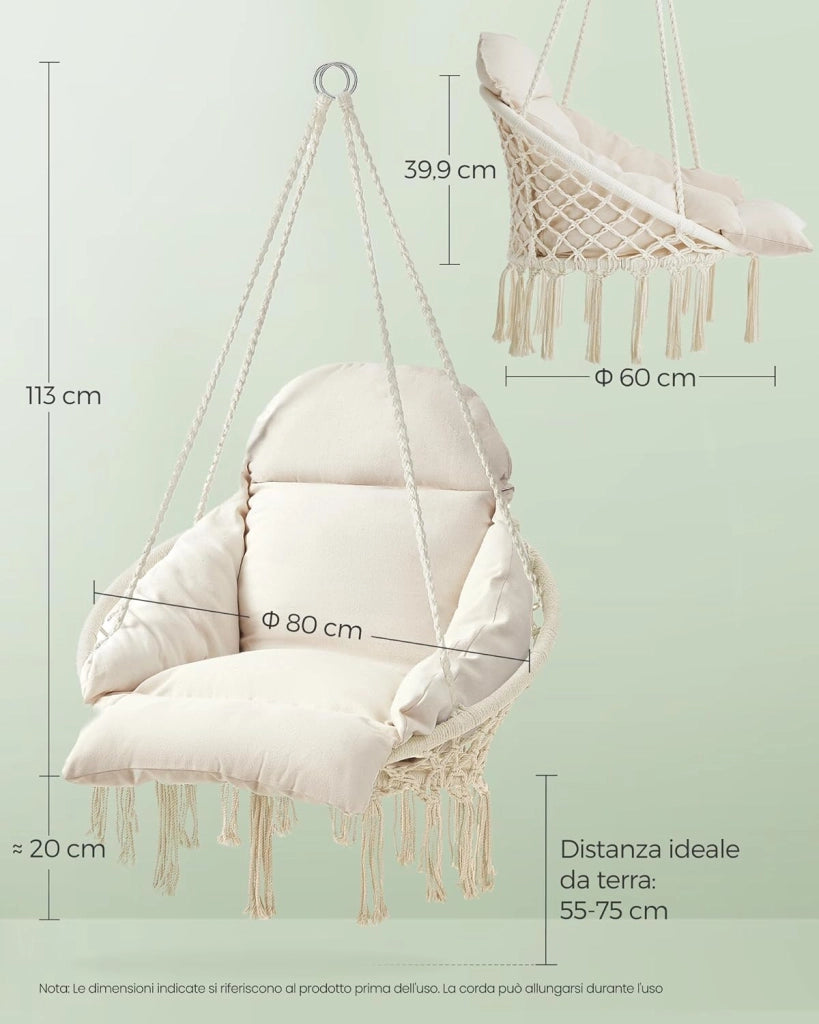 SONGMICS Sedia Altalena, Sedia Amaca, Cuscino Ben Imbottito, Sedia Sospesa Boho, Camera da Letto Balcone Giardino Soggiorno, Regge 120 kg, Accessori Inclusi, Bianco Crema GDC042M01