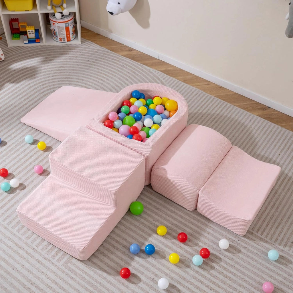 Blocchi da Arrampicata in Schiuma per Bambini, con Piscina di Palline, Set di 5 Pezzi per Arrampicata e Strisciamento, Set da Gioco da Interno per Bambini 3 Anni+ (Rosa,Velluto a coste)