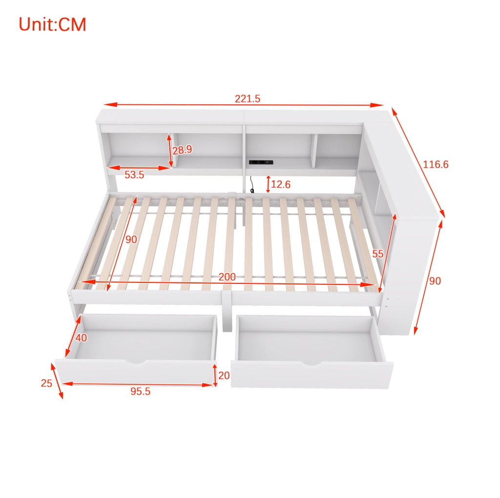 Divano letto daybed 90x200 cm con 2 cassetti; prese e 2 porte USB; bianco