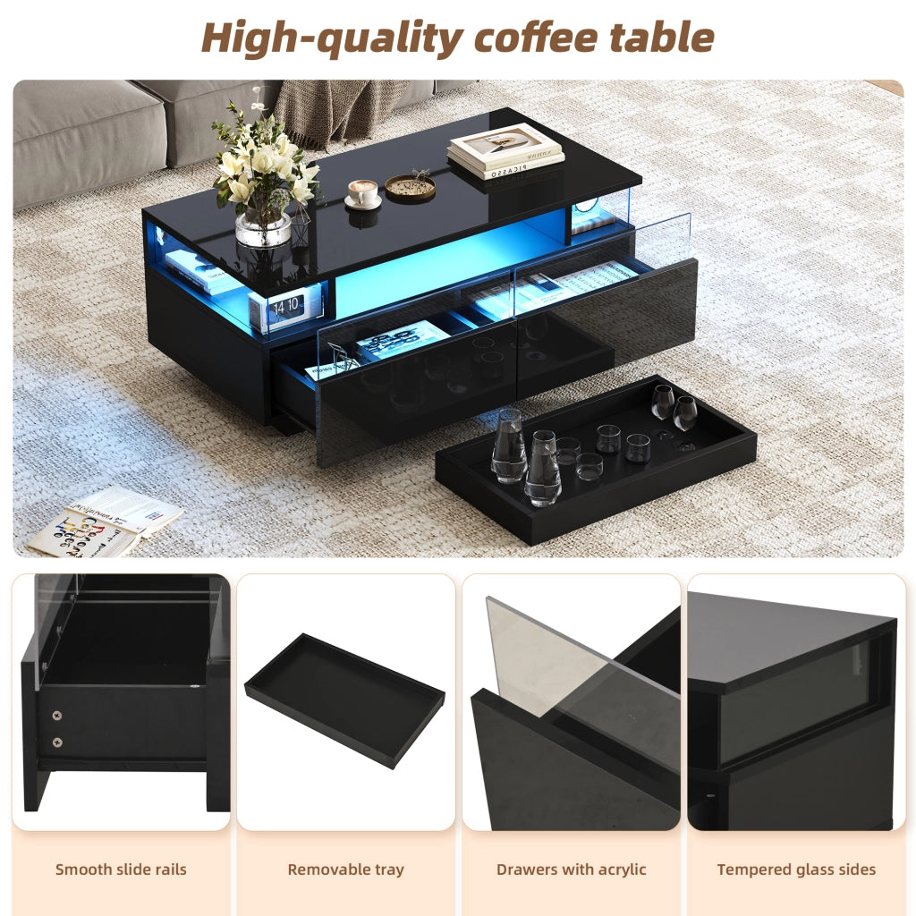 Tavolino da caffè con 2 cassetti; vassoio estraibile e LED - per soggiorno - 90×45×35.5 cm - nero