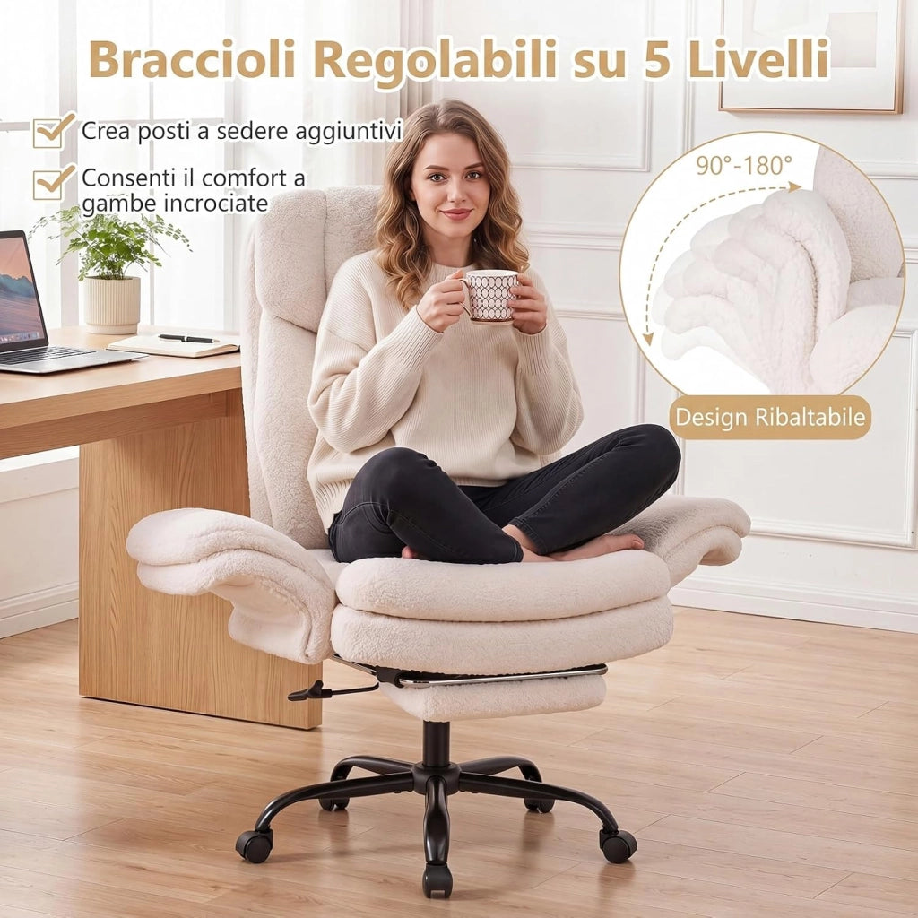 Sedia da Ufficio Ergonomica, Portata 150 kg (Bianco) | Sedia Scrivania con Rotelle Girevole, Braccioli Regolabili su 5 Livelli e Poggiapiedi Retrattile, per Casa e Ufficio