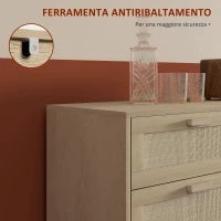 Cassettiera 6 Cassetti in Legno e Rattan Stile Boho per Soggiorno e Camera da Letto, 110x40x75 cm