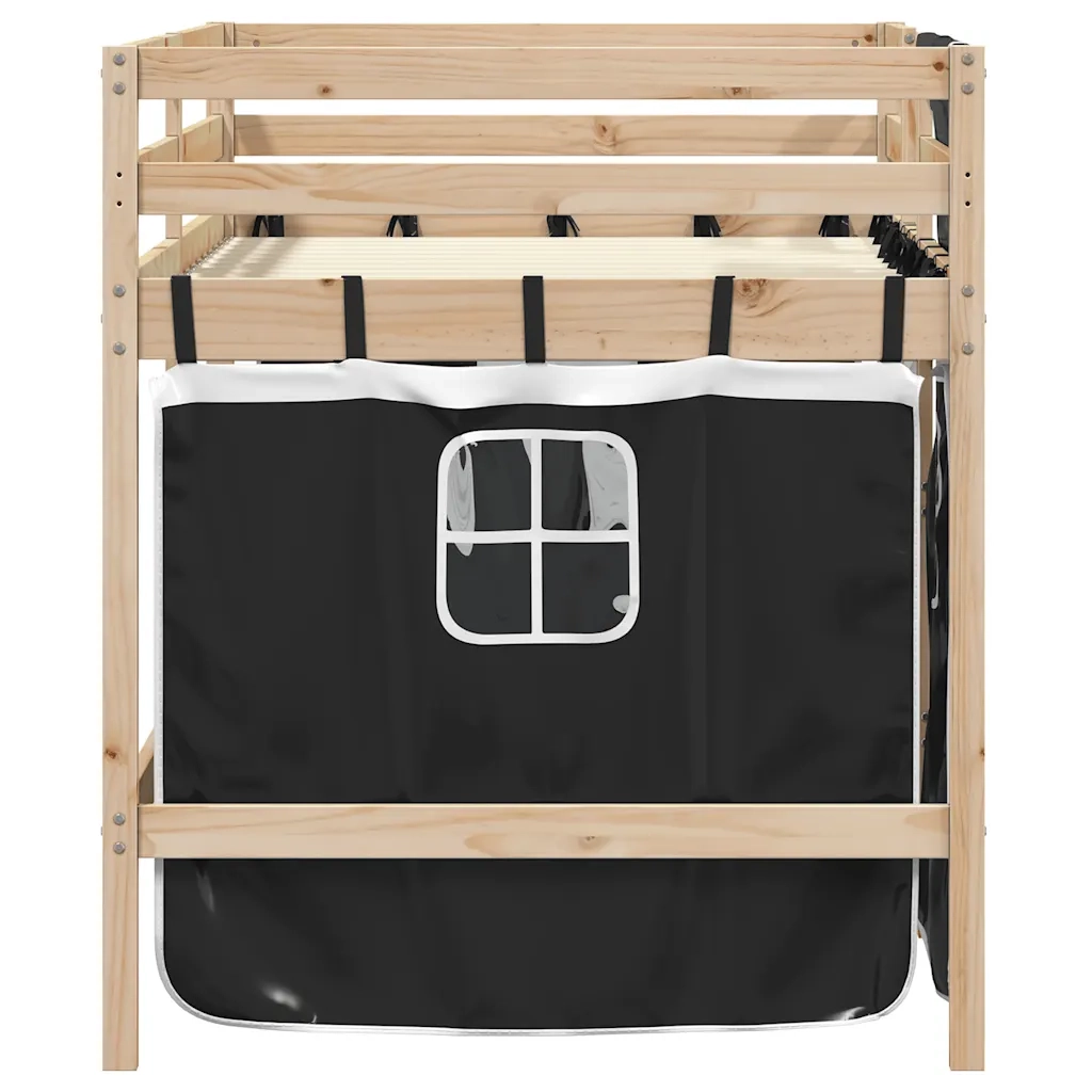 Letto a Soppalco Bambini con Tende Bianco e Nero 90x190 cm Pino