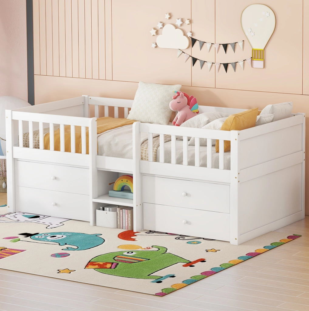 Letto a soppalco 90x200 cm con 4 cassetti; sponde di sicurezza e scala; bianco