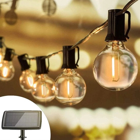 Illuminazione esterna a energia solare - Cavo illuminante 99 m - 25 + 1 pezzi di lampadine G40 - Catena di luci per esterno - 4 modalità - Resistente alle intemperie - Bianco caldo - Decorazione per giardino, patio, terrazza, festa, matrimonio