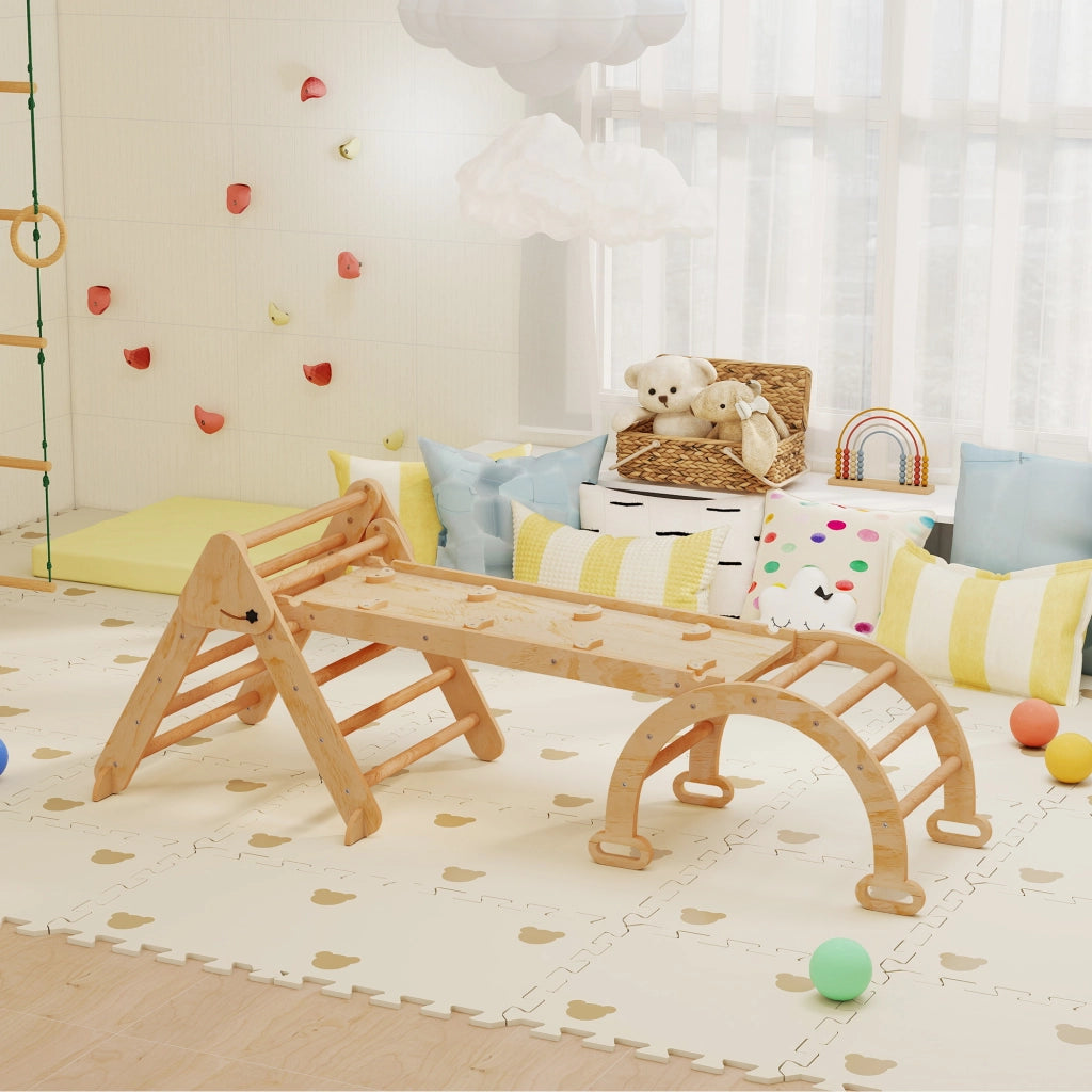 Gioco per Bambini 5 in 1 con Triangolo. Parete Liscia e Arco. in Legno di Pioppo e Pino. 188x70x59 cm