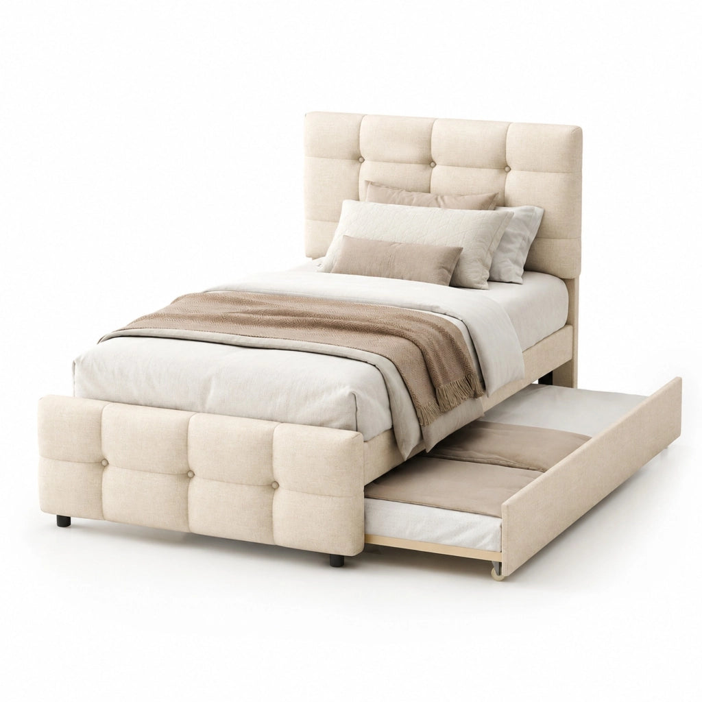 Letto imbottito per bambini 90x200 cm con letto estraibile; testiera regolabile; beige