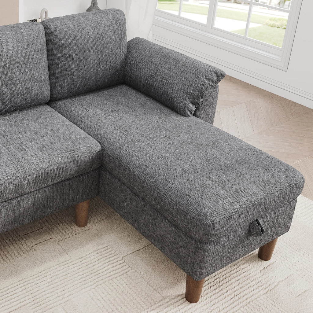 Divano angolare 3 posti con chaise longue contenitore; USB e tasche in chenille grigio chiaro