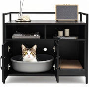 Mobile Lettiera per Gatti con 3 Ripiani Aperti e 2 Ante, Armadietto per Gatto in Legno, Grotta Rifugio con Grattatoio in Cartone Multiuso per Ingresso e Soggiorno (Nero, 89 x 45 x 74,5 cm)