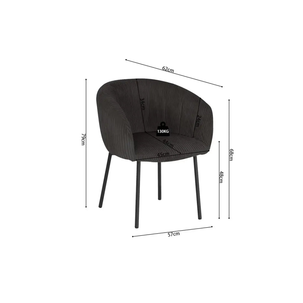 Sedia da pranzo SEVILLE – Velluto a coste grigio – Braccioli – Piedi in metallo nero – Stile design / industriale