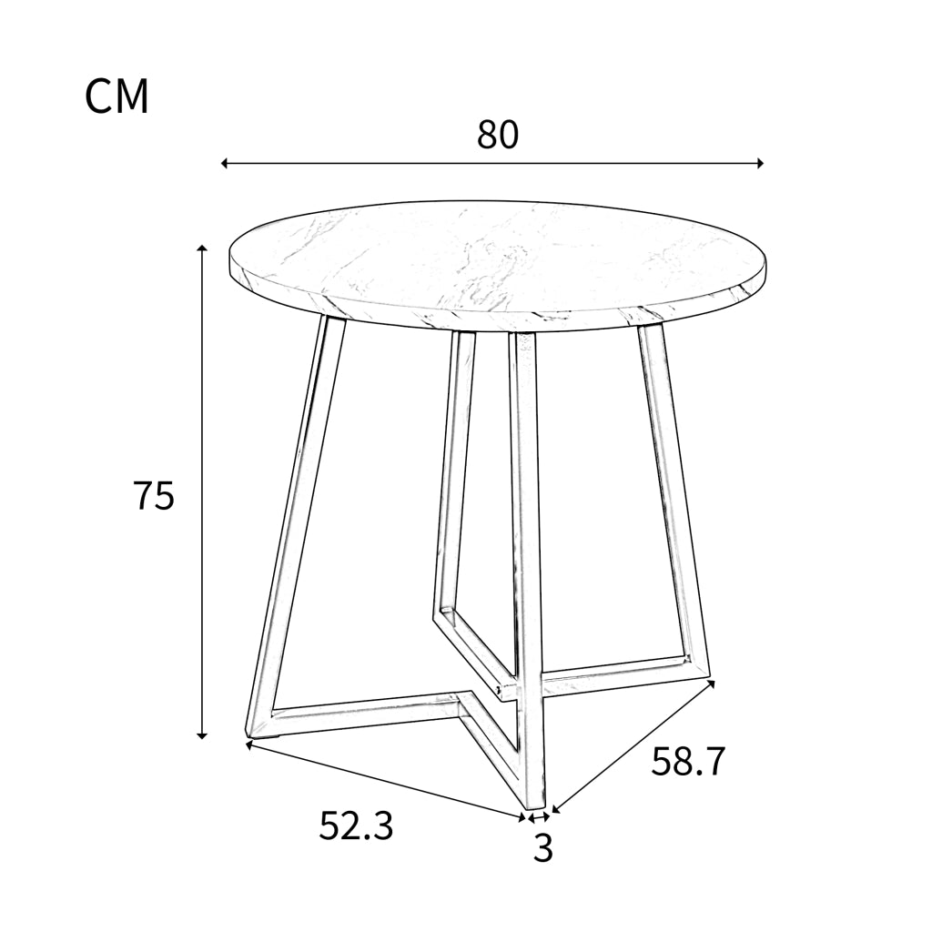 Tavolo da pranzo per 4 persone con 4 sedie in velluto, piano rotondo effetto marmo, base in metallo, 80 cm