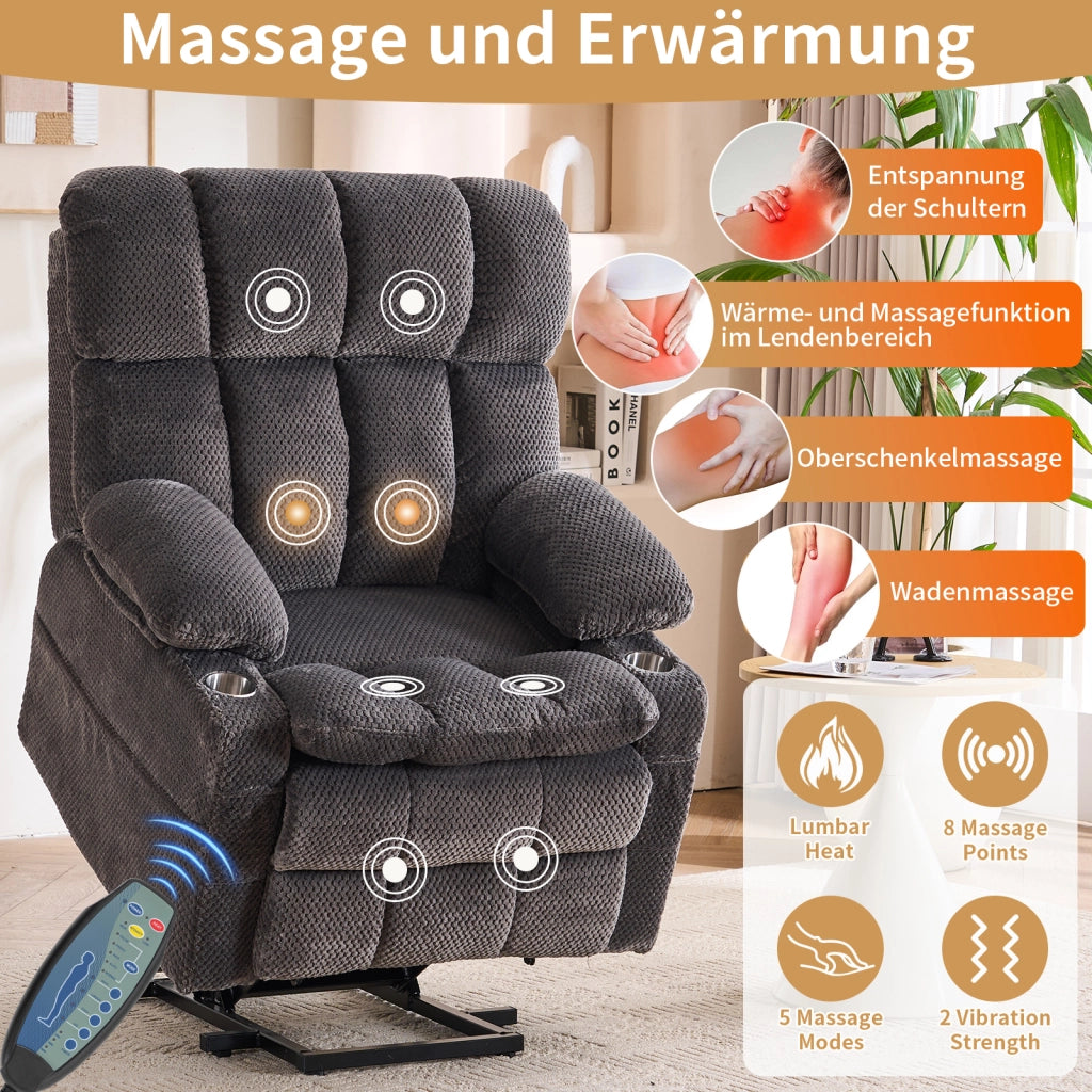 Poltrona relax elettrica con massaggio e riscaldamento in flanella grigia 91×91×106.5 cm