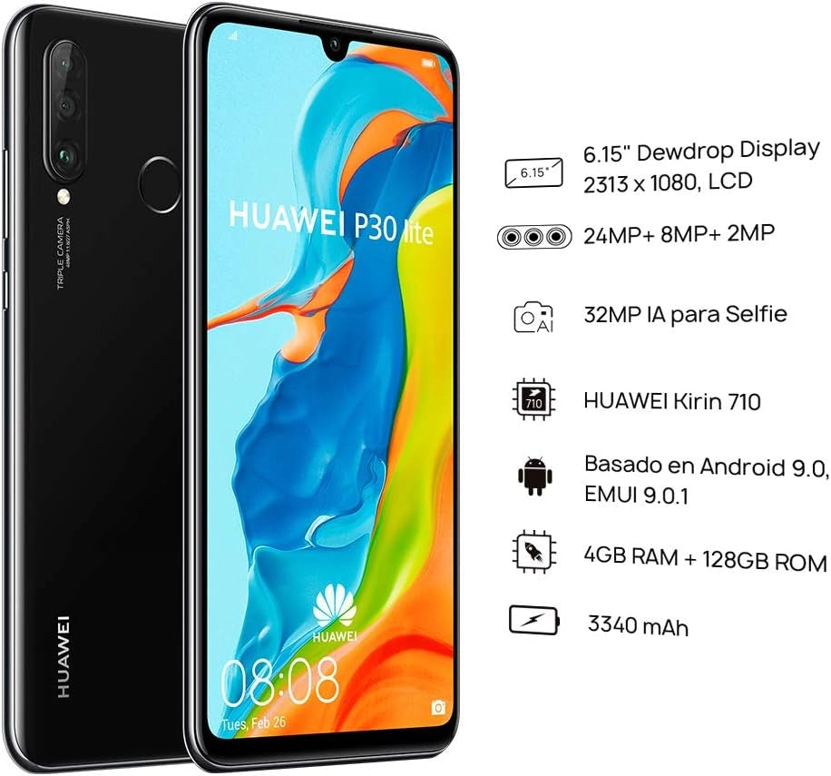 HUAWEI P30 Lite (128 GB, 4 GB di RAM) 6,15" schermo, fotocamera AI tripla, 32MP Selfie, Dual SIM Globale 4G LTE GSM Fabbrica Unlocked MAR-LX3A (Midnight Black)