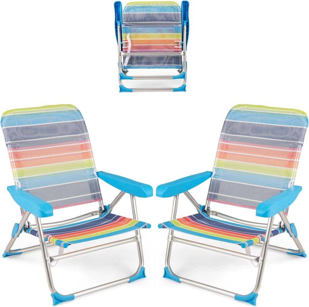 Set di 2 Sedie da Spiaggia Pieghevoli, Spiaggina con Schienale Regolabile in 5 Posizioni, Sdraio Reclinabile con Cinghia di Trasporto, Lettino Prendisole, Carico 150kg, Colorato (Medio)