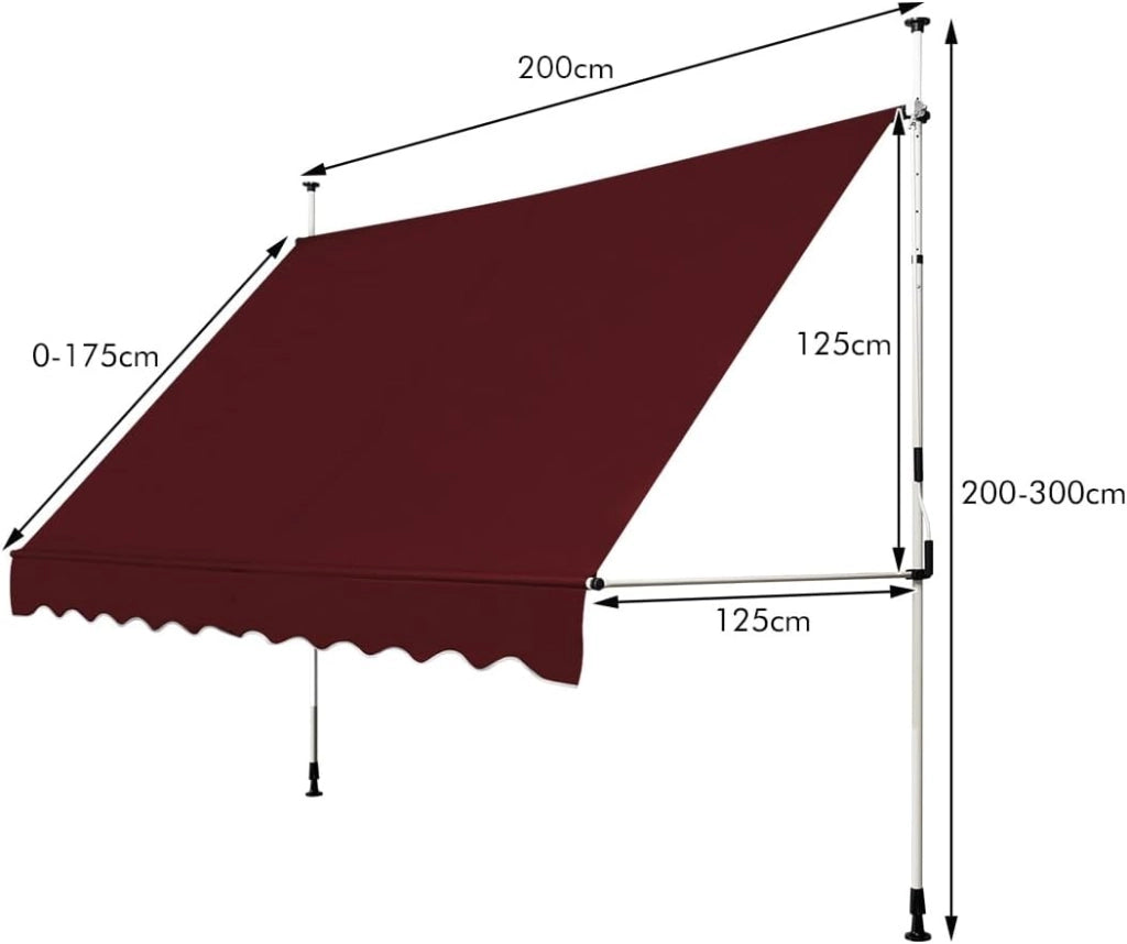 Tenda da Sole per Esterno, Tenda da Sole a Morsetto per Balcone con Struttura Telescopica e Tessuto Resistene ai Raggi Solari, Regolabile in Altezza e in Angolazione (200 cm,Rosso)