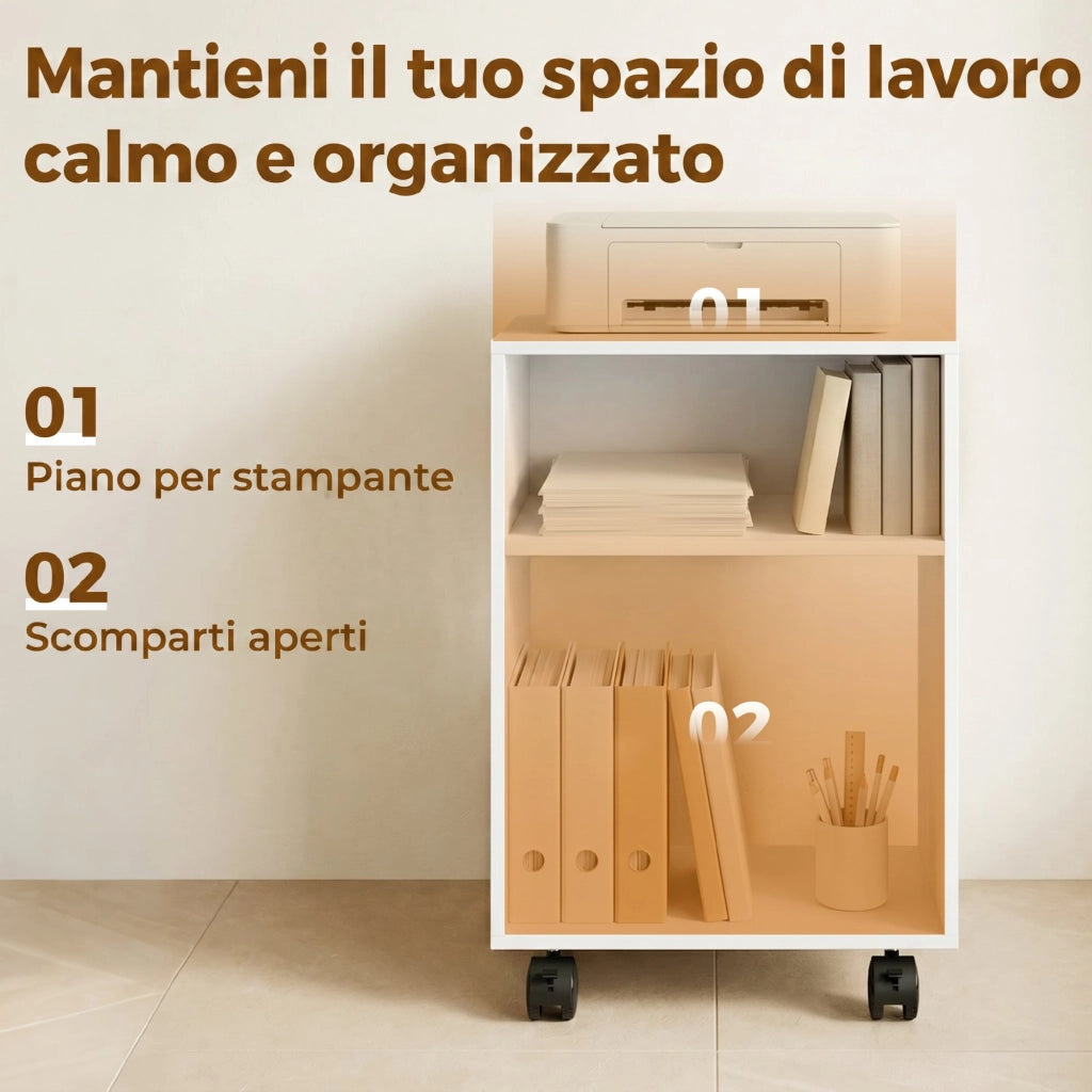 Mobile Porta Stampante in Legno con Ruote a Freno e 2 Scomparti Aperti. 40x35x55 cm. per Ufficio Studio. Bianco