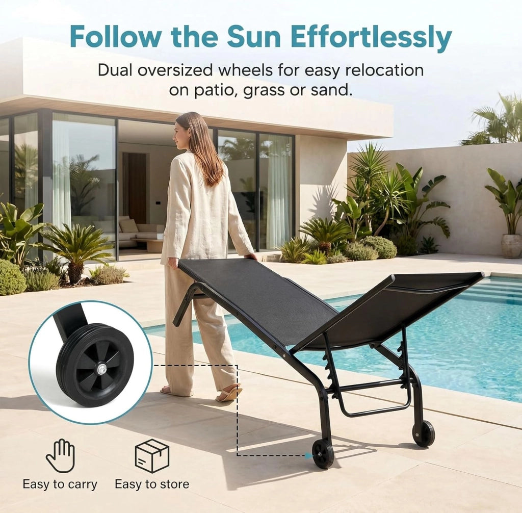 Set di 1 lettino da giardino con ruote, resistente alle intemperie, schienale regolabile in 5 posizioni, per esterni, portata fino a 120 kg, per giardino, piscina, balcone, colore nero
