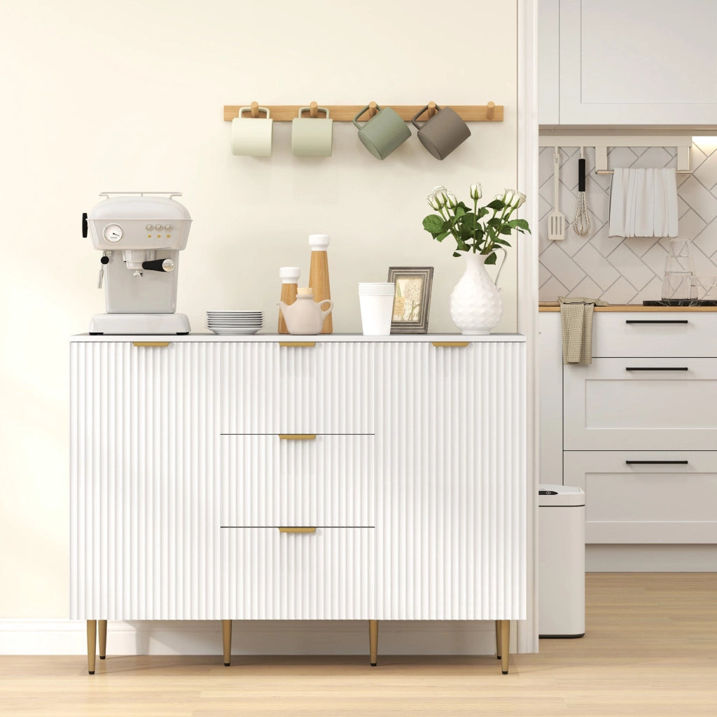 Credenza Moderna 120x40x89,5 cm con 3 Cassetti e 2 Armadietti in Legno e Metallo Bianco