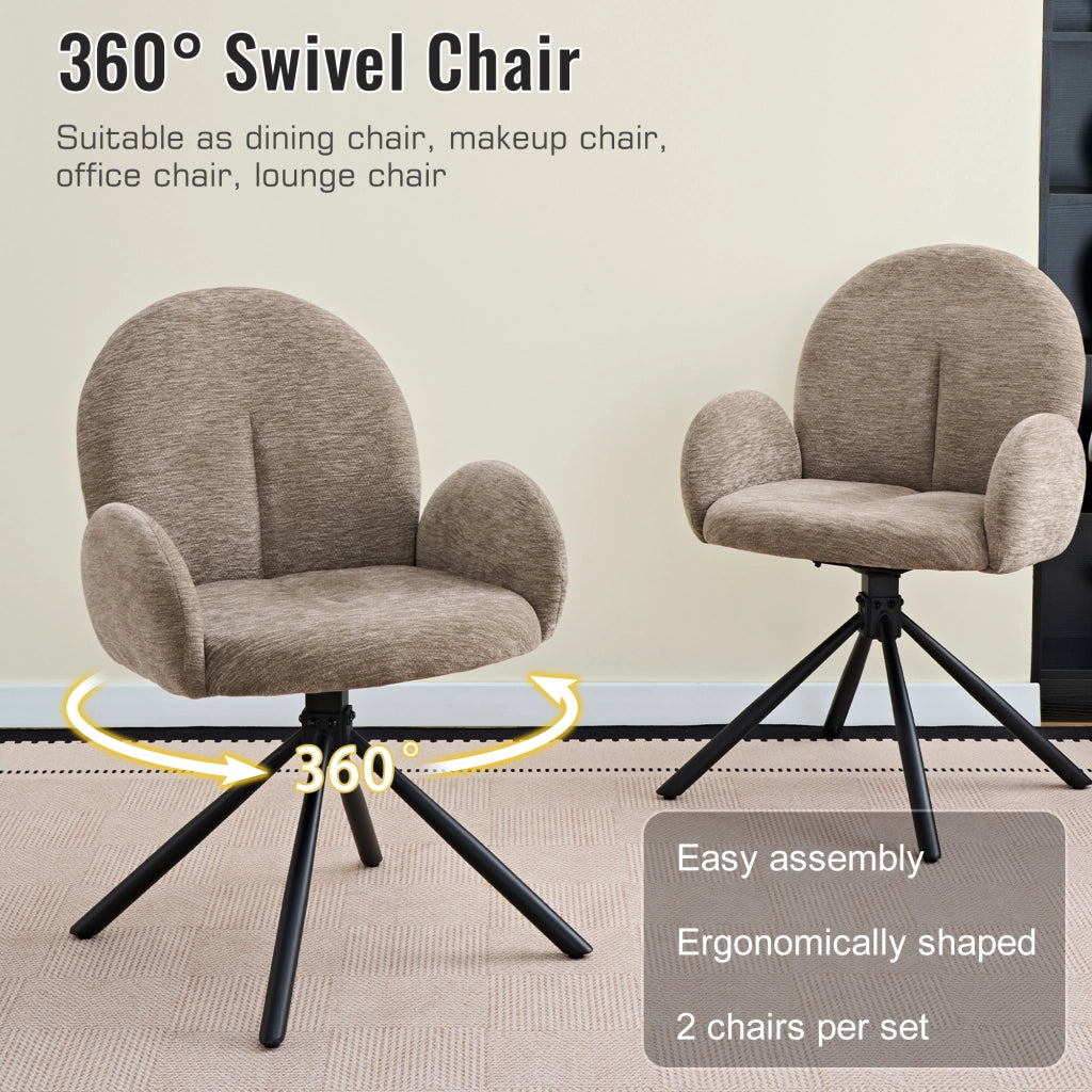 SEDIA Girevole da pranzo Set da 2 pezzi con braccioli Chenille Nero/Taupe