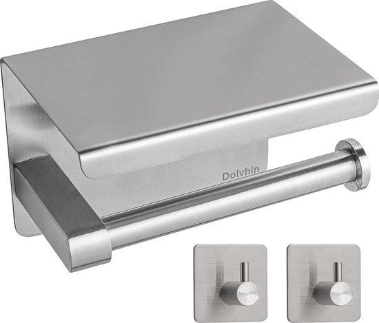 Rolhouder per WC con 2 appoggi per asciugamano - inclusa carta igienica - in acciaio inox laccato - adesivo - set per la bagno con appoggio per carta igienica