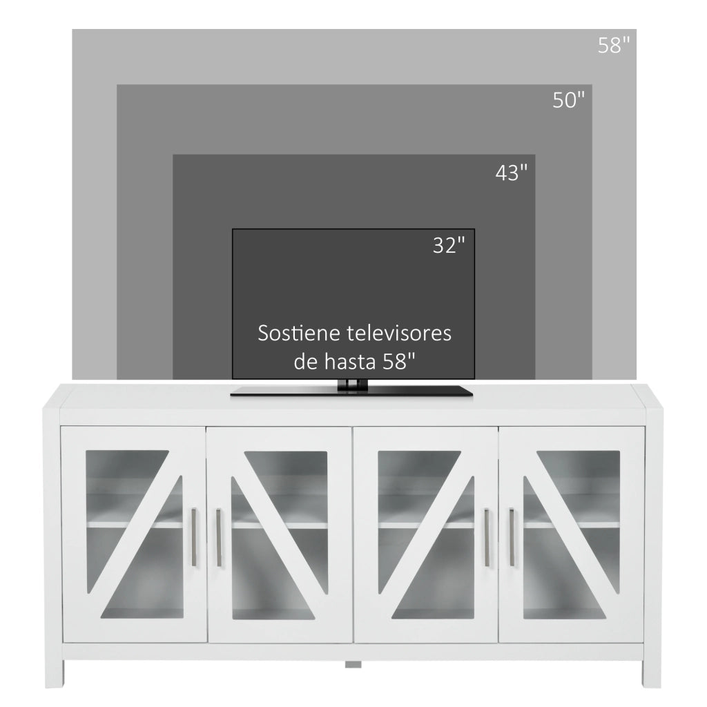 Mobile TV per televisori fino a 58 pollici con 4 ante in vetro e ripiani regolabili ¨C zephmum ¨C 130x35x60 cm bianco