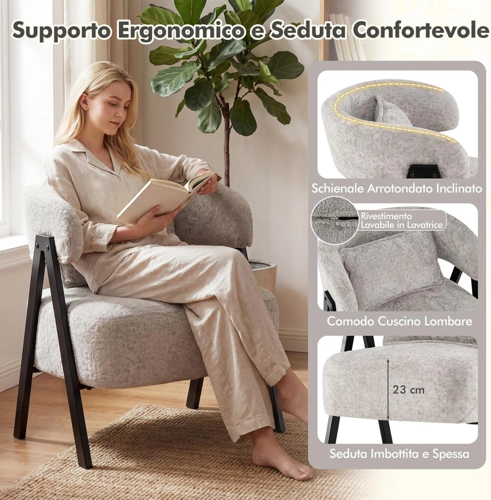 Poltrona Imbottita con Cuscino, Poltrona Singola Moderna per Lettura, Sedia Salotto Gambe in Metallo, per Salotto, Camera da Letto, Studio, Portata 150 kg (Grigio)