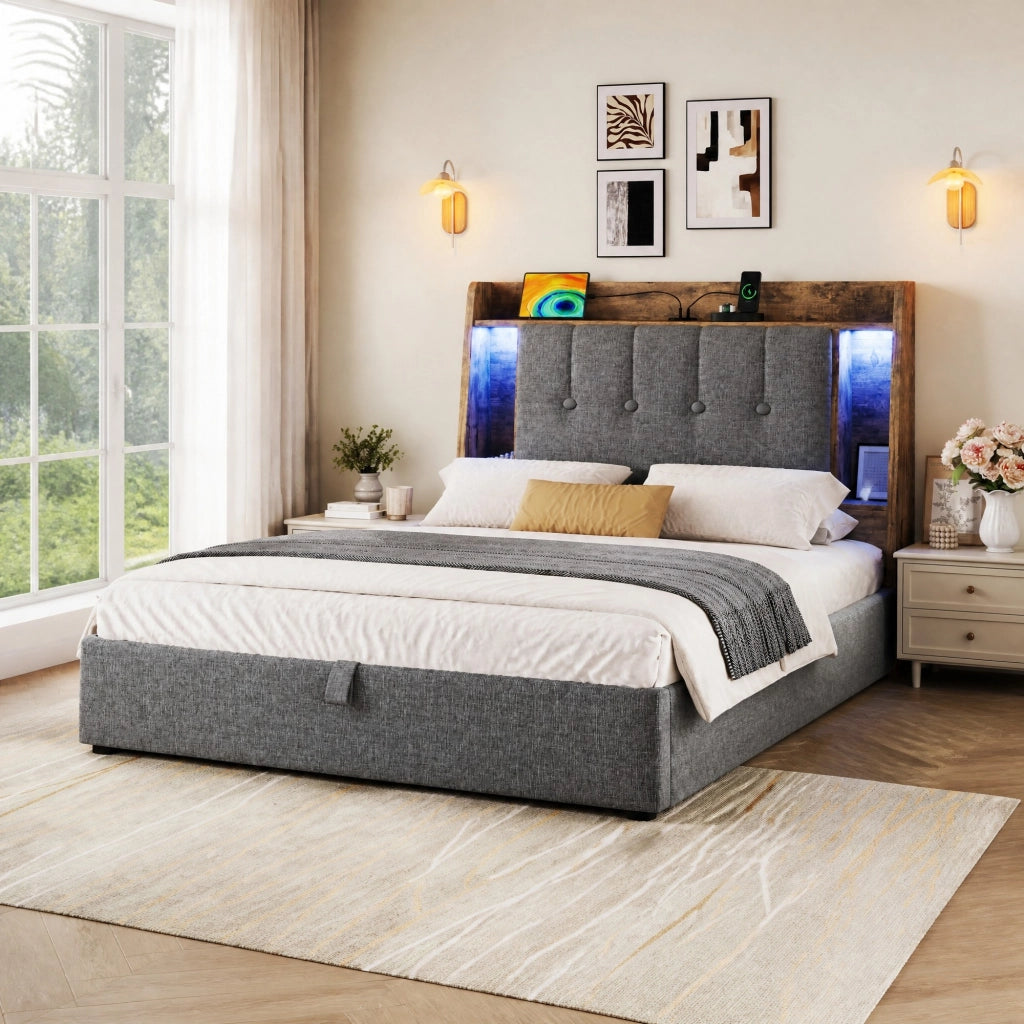 Letto imbottito 90x200 cm grigio con LED, USB-C e vano contenitore