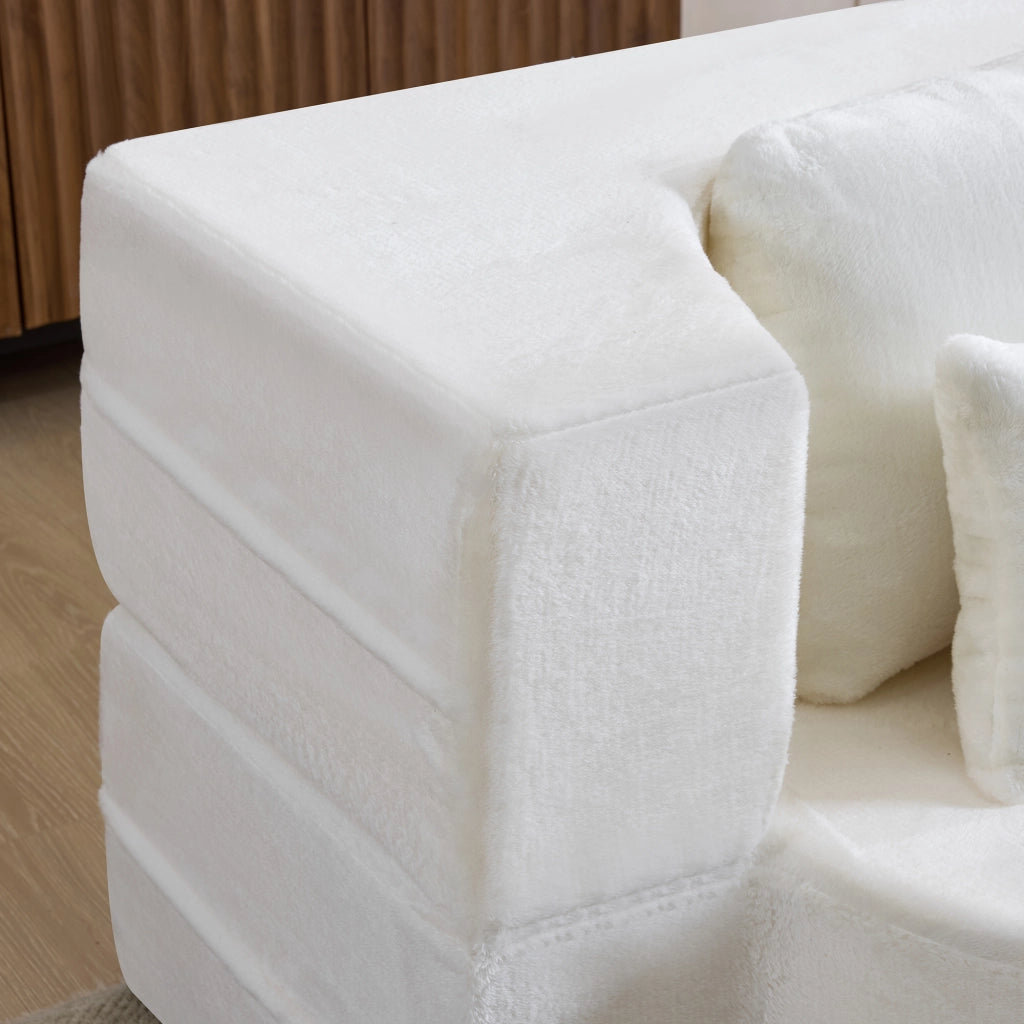 Divano modulare convertibile moderno con funzione letto e cuscino, per soggiorno e ospiti, in schiuma e molle bianco