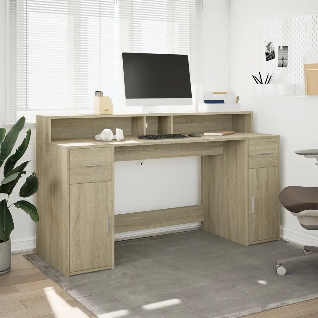 Scrivania | Tavolo da Ufficio con Luci LED Rovere Sonoma 160x55x91cm in Multistrato