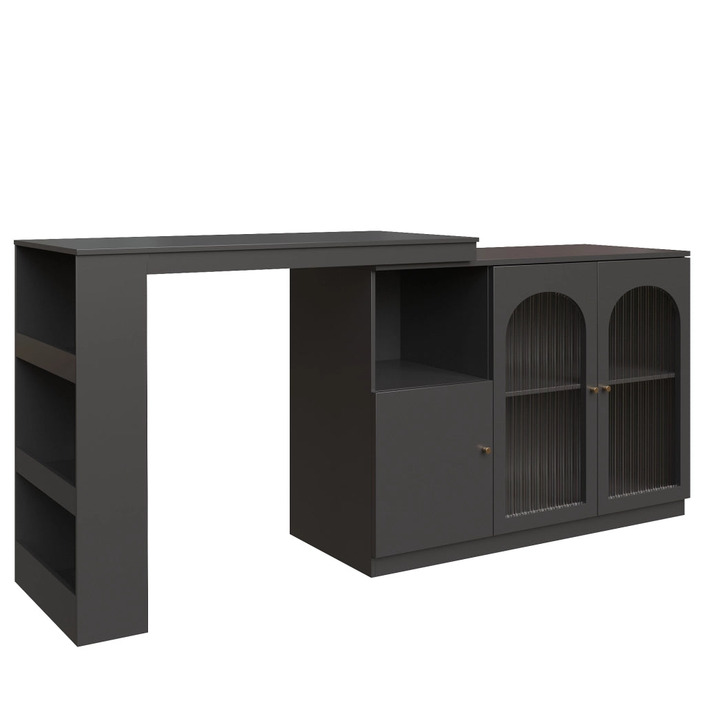 Mobile Bar con Anta in Vetro; Ripiani Aperti e Rotazione a 360°; per Cucina e Sala da Pranzo; in MDF; Nero