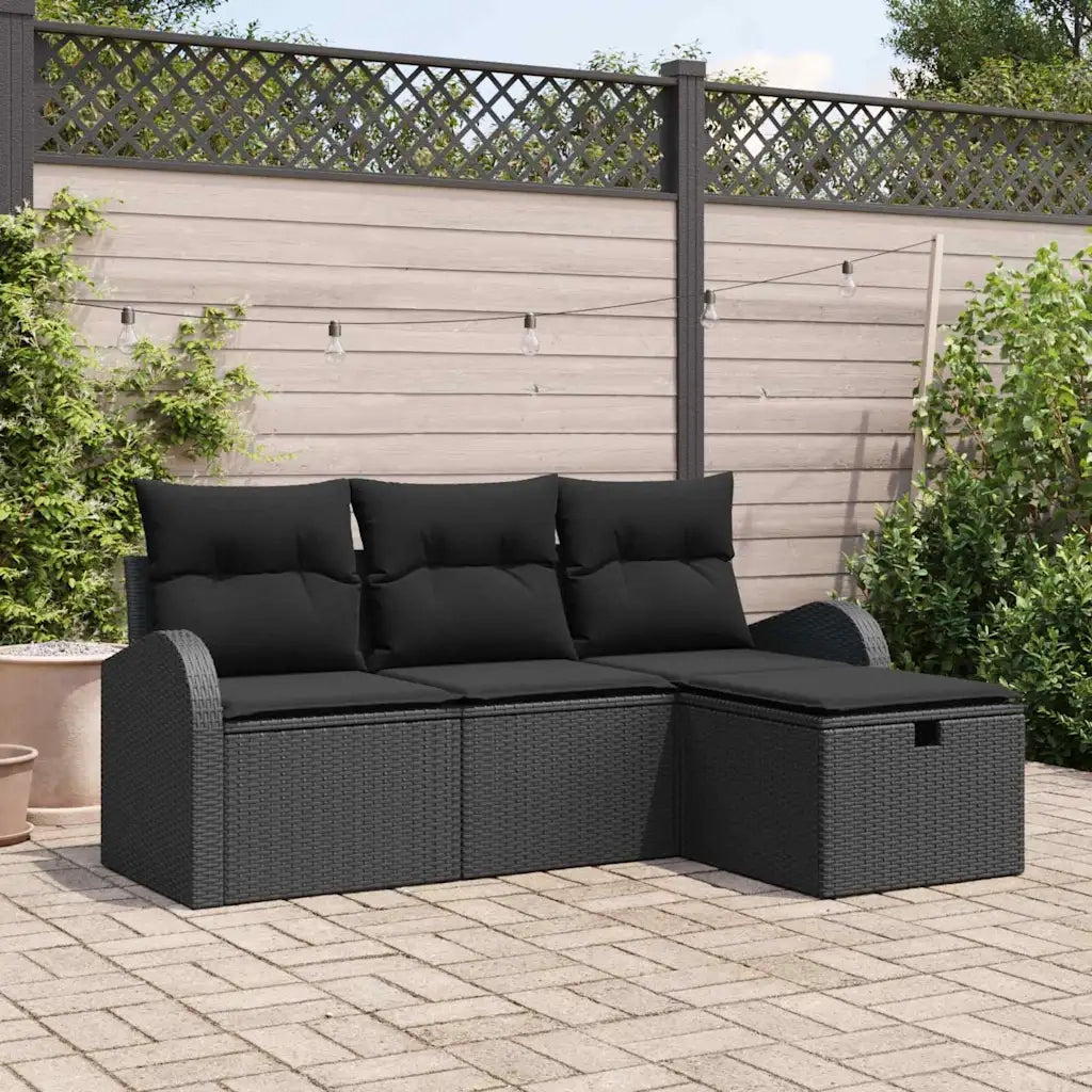 Set Divano da Giardino con cuscino 4 pz | Set Salotto da Giardino Nero polyrattan