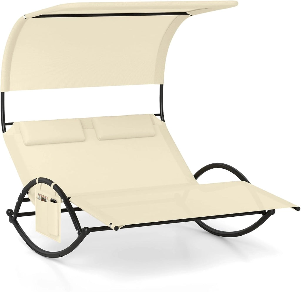 Poltrona a Dondolo Doppia, Lettino a Dondolo con Tettoia, Cuscini Poggiatesta, Braccioli e Struttura in Metallo, Lettino a Dondolo per Patio, Cortile, Bordo Piscina (Beige)