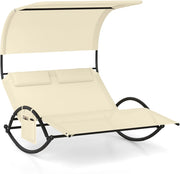 Poltrona a Dondolo Doppia, Lettino a Dondolo con Tettoia, Cuscini Poggiatesta, Braccioli e Struttura in Metallo, Lettino a Dondolo per Patio, Cortile, Bordo Piscina (Beige)