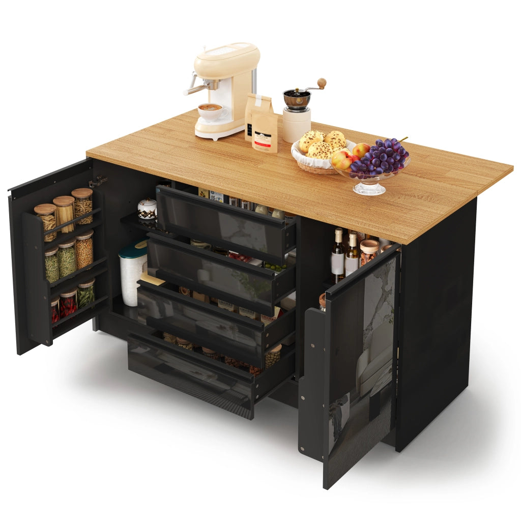 Isola Cucina con Piano Allungabile ¨C MINIMAL ¨C 4 Cassetti, 2 Ante, Nero, Effetto Legno, 140 cm