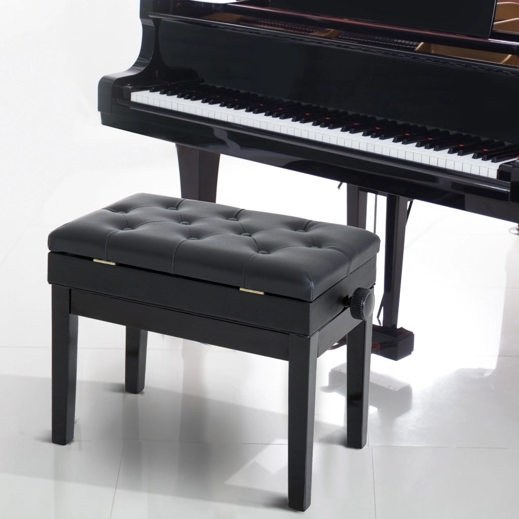 Piano Stool Sedia con Seduta Regolabile in Altezza e vano di Stoccaggio, gambe in legno, rivestimento in similpelle, per sala musica, portata 200 kg ¨C zephmum ¨C nero, 54.5x33x48-58 cm